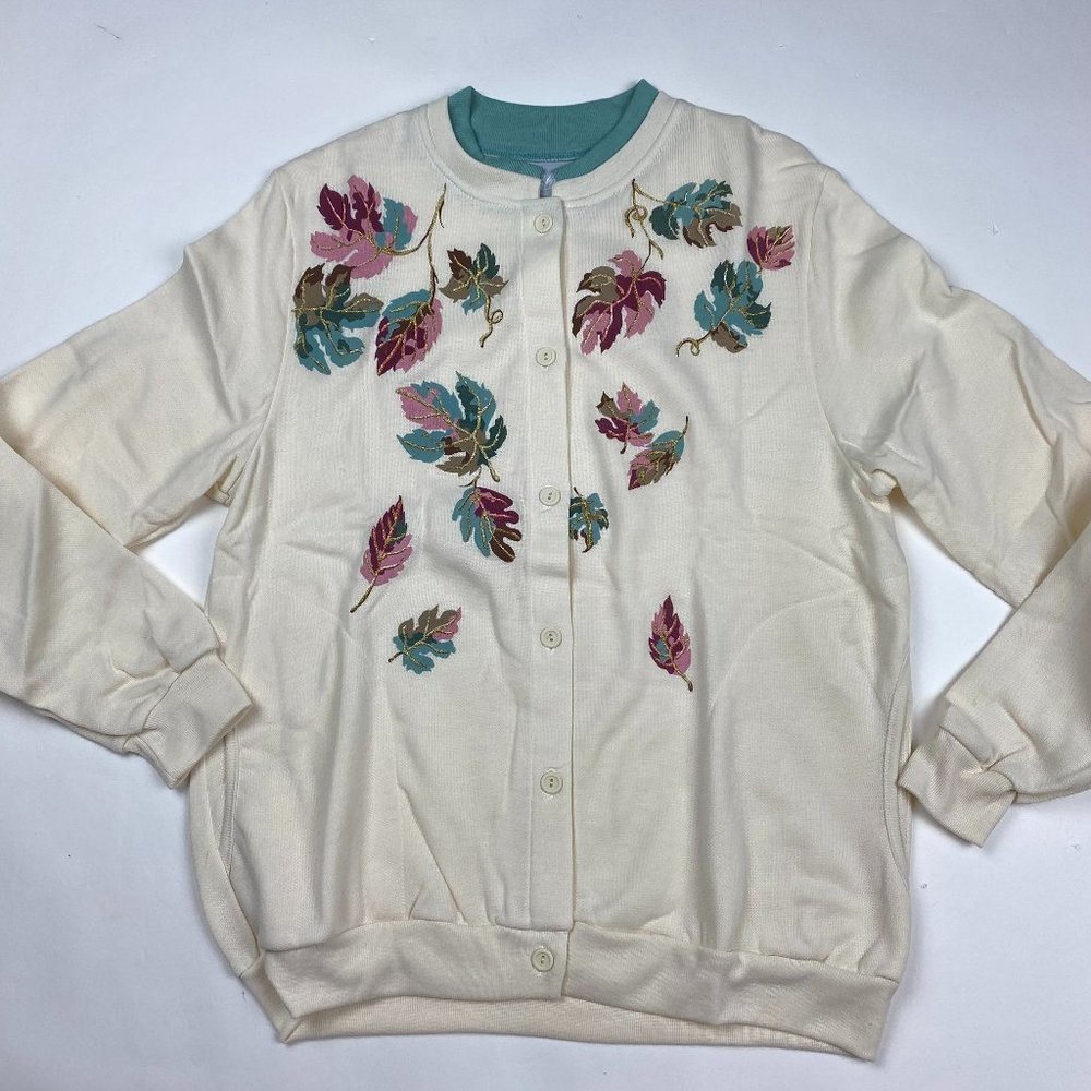 Vintage NWOT Grandma Sweatshirt Cardigan Women's Medium Acrylic Leaves Autumn